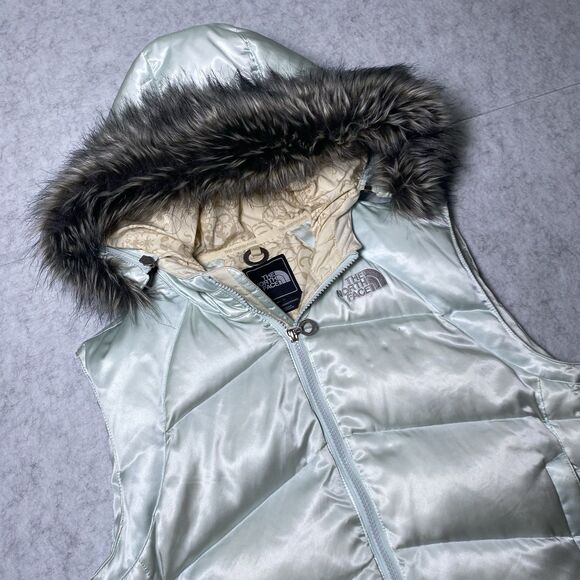 The North Face Womens 550 Down Blue Puffer Vest Hooded Faux Fur Large Zip Vintag - Picture 4 of 14